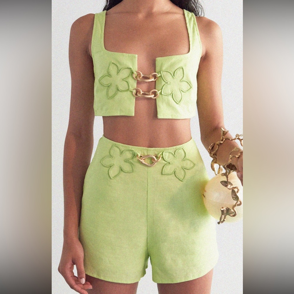Lime green linen Cult Gaia set with hardware, worn once